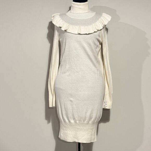 Leith NWT Womens Dress Ivory Long Sleeve Knit Turtleneck Ruffle Yoke XS SoftGirl - Picture 4 of 11